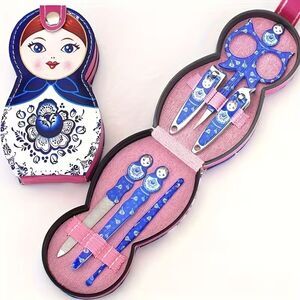 Russian Nesting Doll Blue Manicure Set Clippers Nail File Storage Case 6-pc NEW